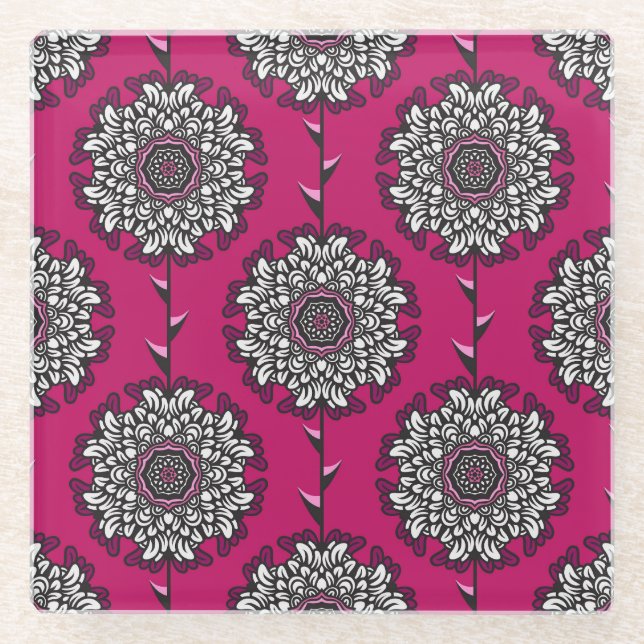 Floral Graphic Flowers Pink Seamless Glass Coaster (Front)