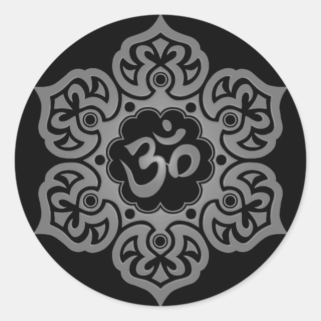 Floral Gray and Black Aum Design Classic Round Sticker (Front)