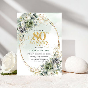 Floral Green and Gold 80th Birthday Invitation