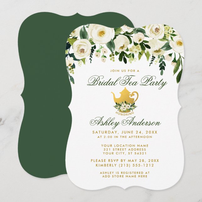 Floral Green and Gold Bridal Tea Party Invite GB (Front/Back)