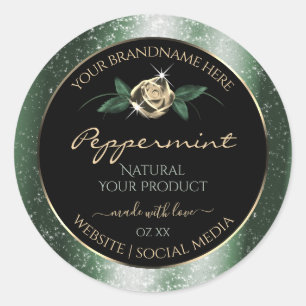 Floral Green and Gold Frame Black Product Labels