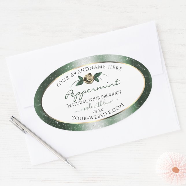 Floral Green and Gold Frame White Product Labels (Envelope)