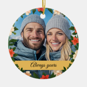 Floral Green and Yellow Engagement Photo Boyfriend Ceramic Tree Decoration