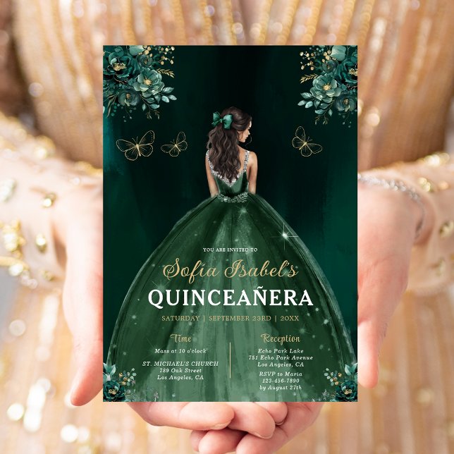  Floral Green Bilingual Spanish Quinceanera Invitation (Creator Uploaded)