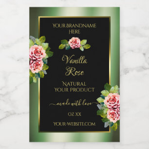 Floral Green Black Gold Product Labels Pink Roses
