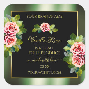 Floral Green Black Gold Product Labels Pink Roses