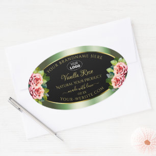 Floral Green Black Product Labels Pink Roses Logo