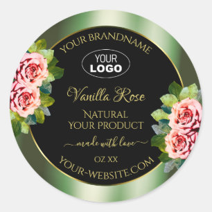 Floral Green Black Product Labels Pink Roses Logo