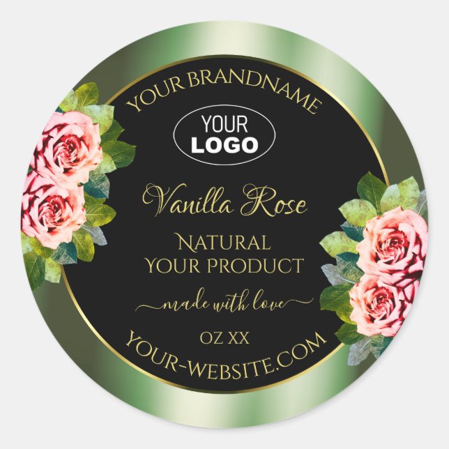 Floral Green Black Product Labels Pink Roses Logo (Front)
