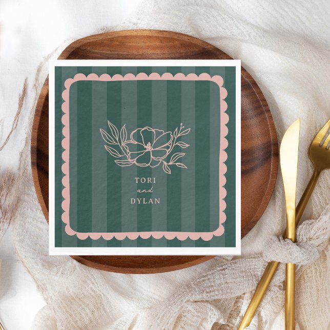 Floral Green Botanical Stripe Wedding Napkin (Creator Uploaded)