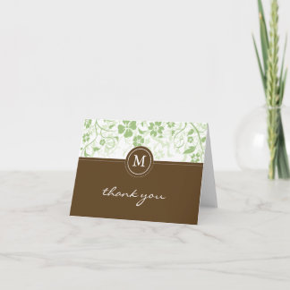 Floral Green Brown Monogram Thank You Card