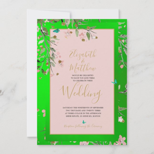 Floral Green Elegant Pink Gold Chinoiserie Wedding Invitation (Back)