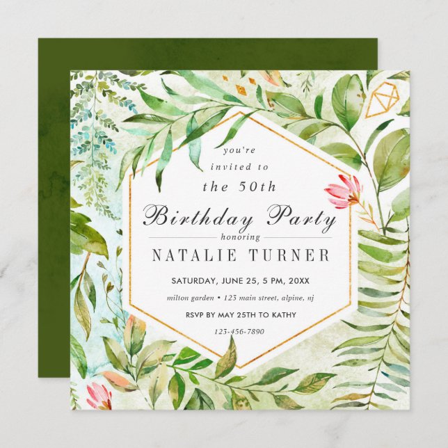 Floral Green Foliage Birthday Party Invitation (Front/Back)