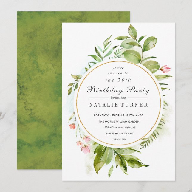 Floral Green Foliage Birthday Party Invitation (Front/Back)