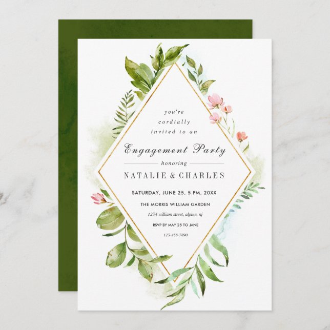 Floral Green Foliage Engagement Party Invitation (Front/Back)