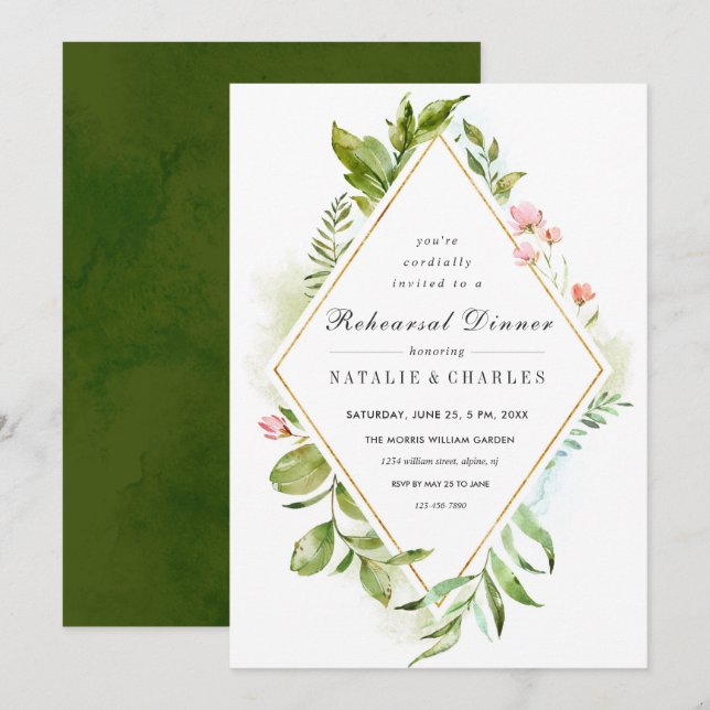 Floral Green Foliage Rehearsal Dinner Invitation (Front/Back)