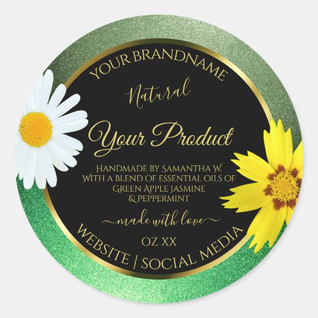 Floral Green Glitter Black and Gold Product Labels (Front)