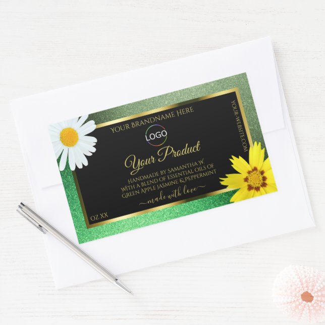 Floral Green Glitter Black Gold Product Label Logo (Envelope)