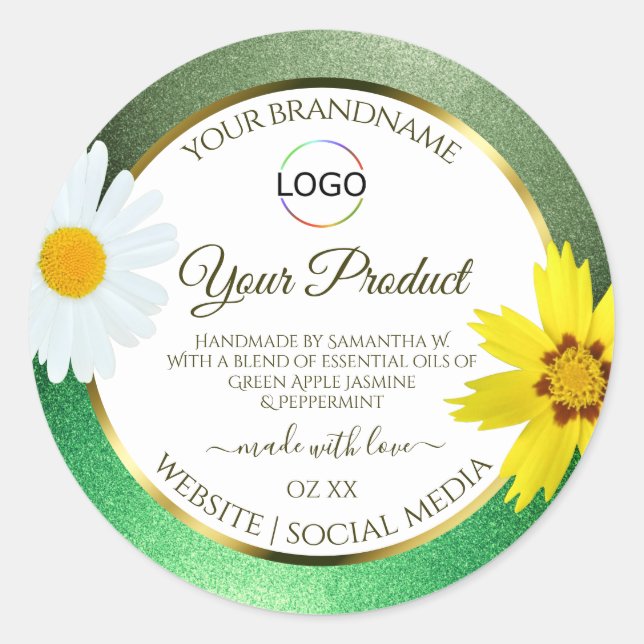Floral Green Glitter White Gold Product Label Logo (Front)