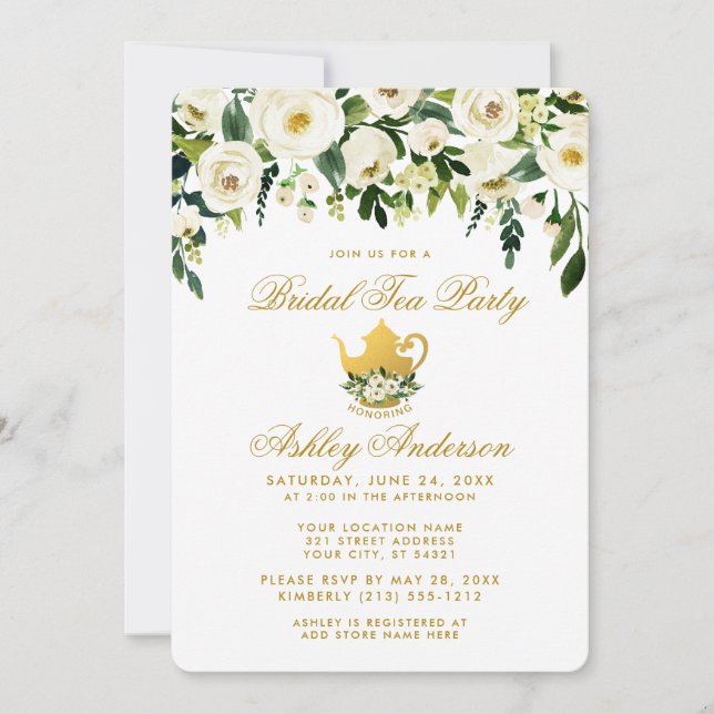 Floral Green Gold Bridal Tea Party Invitation (Front)