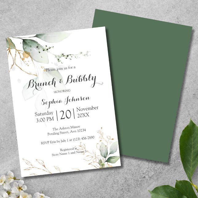Floral Green Gold Brunch & Bubbly Bridal Shower Invitation (Brunch and Bubbly Bridal Shower Invitation)
