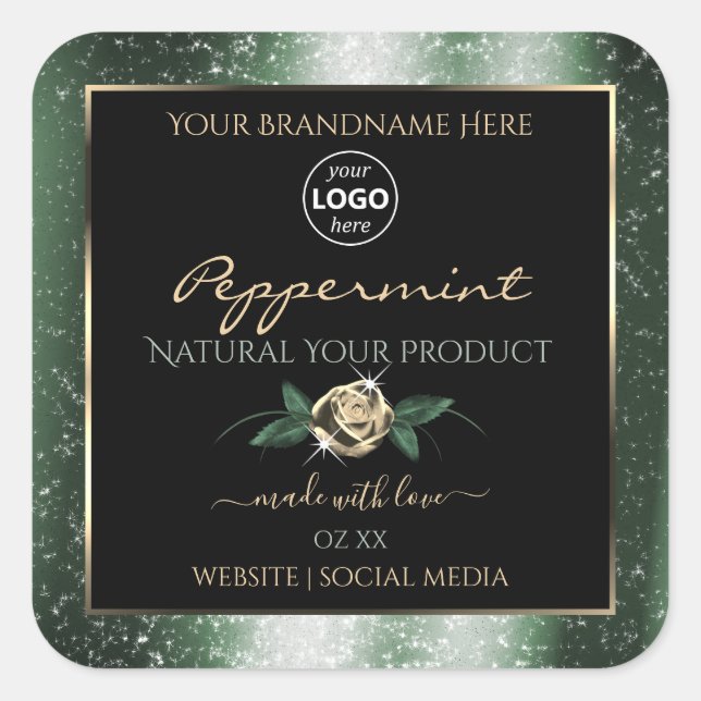 Floral Green Gold Frame Black Product Labels Logo (Front)