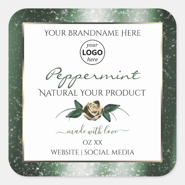 Floral Green Gold Frame White Product Labels Logo (Front)
