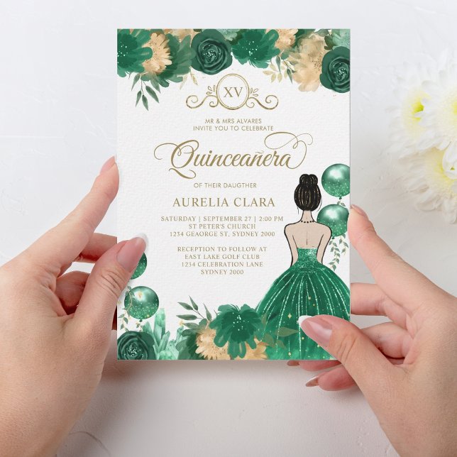 Floral Green Gold Princess XV Quinceañera Birthday Invitation (Creator Uploaded)