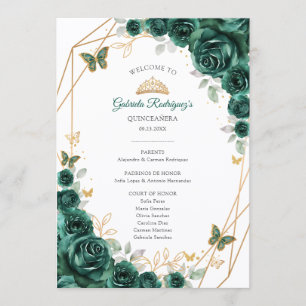Floral Green Gold Quinceanera Order of Events Programme