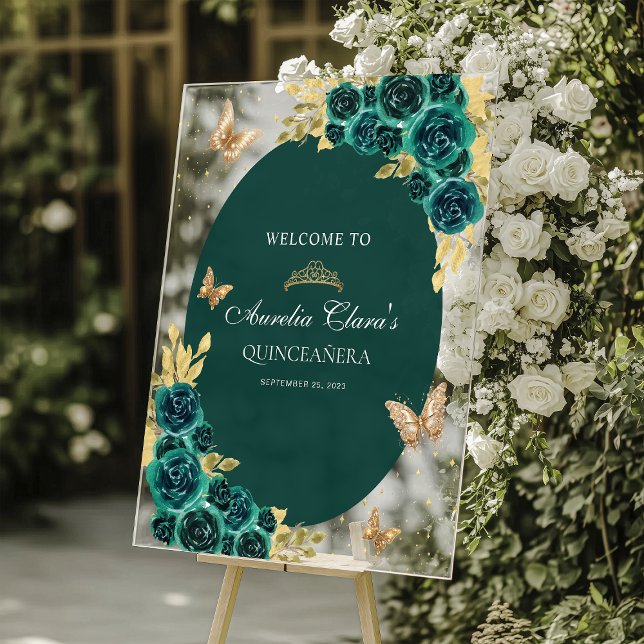 Floral Green Gold Tiara Butterfly Quinceañera Acrylic Sign (Creator Uploaded)