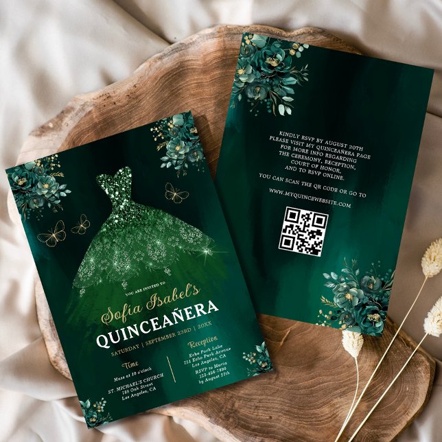 Floral Green Gown Dress QR Code Quinceanera Invitation (Creator Uploaded)