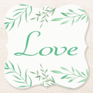 Floral Green Laurel Leaves Wedding Love Paper Coaster