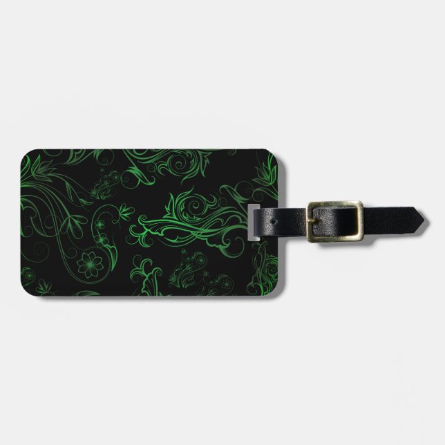 Floral Green Luggage Tag w/ leather strap (Front Horizontal)