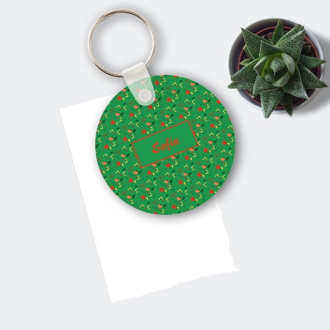 Floral green pattern wildflowers name Keychain (Creator Uploaded)