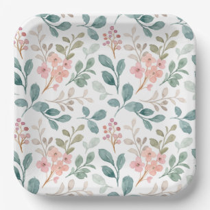 Floral Green Peach Flowers Birthday Shower Wedding Paper Plate