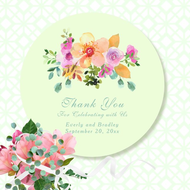 Floral Green Peach Romantic Wedding Thank You Classic Round Sticker (Creator Uploaded)