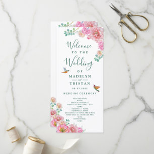 Floral Green & Pink Delicate Watercolor wedding Programme