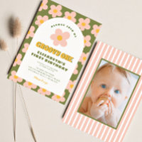 Floral Green pink Groovy One Baby First Birthday 