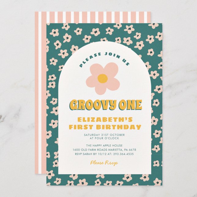 Floral Green pink Groovy One Baby First Birthday Invitation (Creator Uploaded)