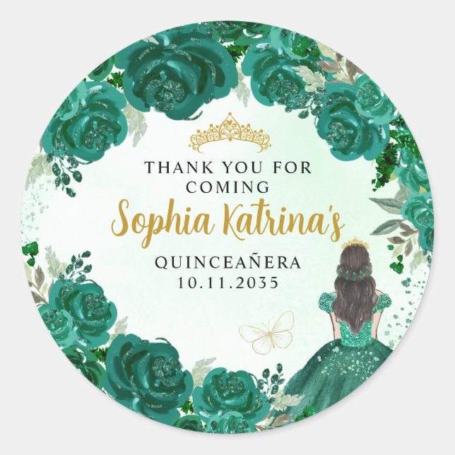 Floral Green Princess Quinceanera Birthday Favour Classic Round Sticker (Front)