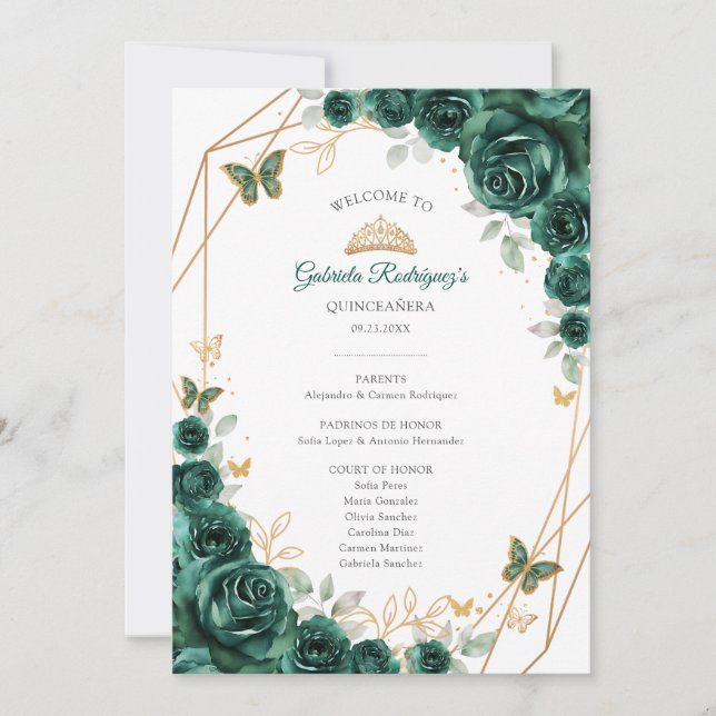 Floral Green Quinceanera Order of Events Program Invitation (Front)