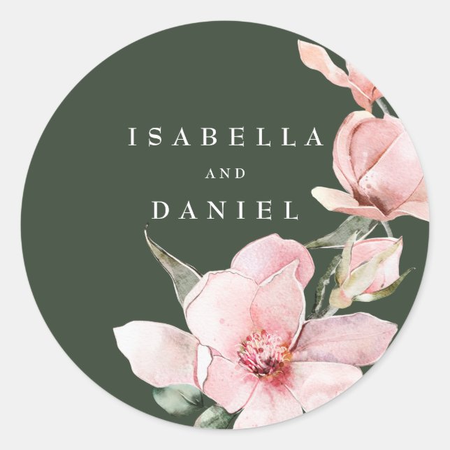 Floral Green Rose Magnolia Wedding Classic Round Sticker (Front)