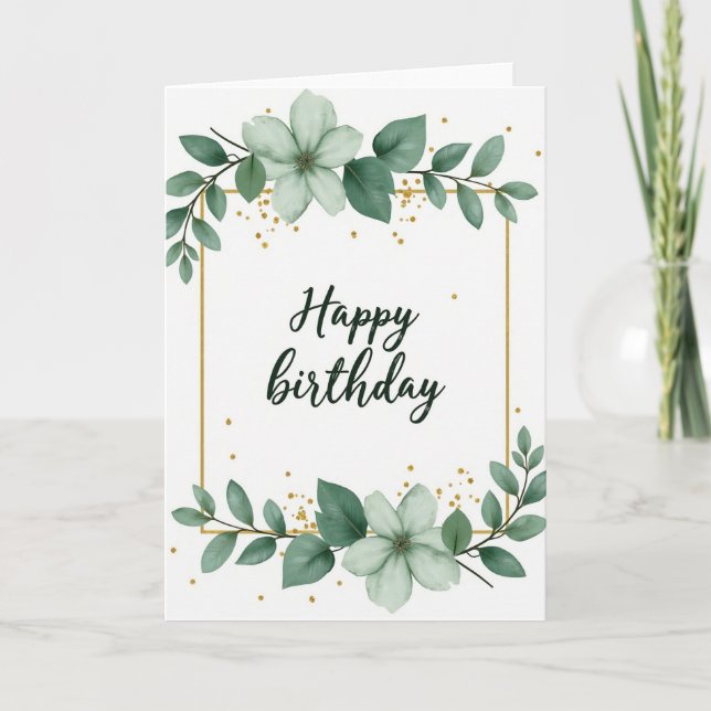 Floral Green Script Birthday Card (Front)