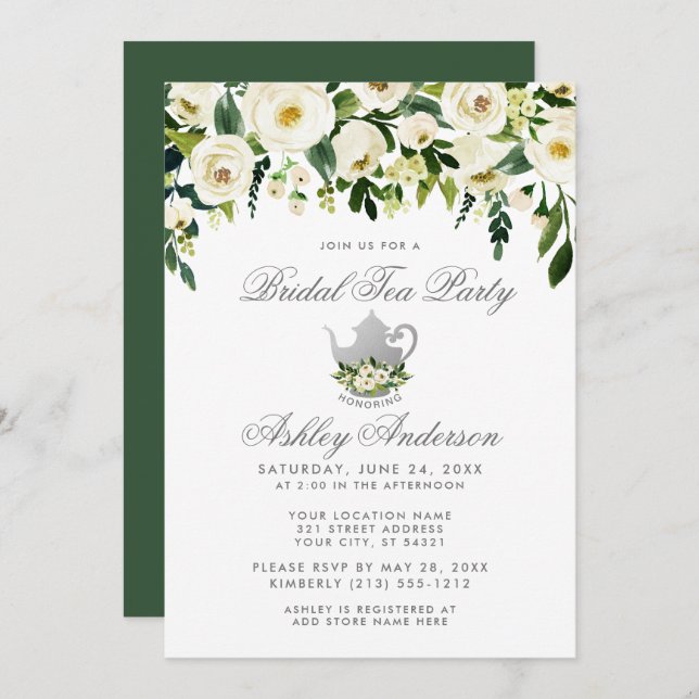 Floral Green Silver Bridal Tea Party Invitation G (Front/Back)