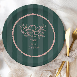 Floral Green Stripe Wedding Paper Plate