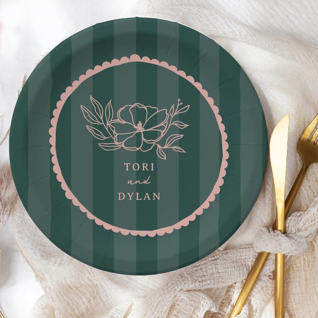 Floral Green Stripe Wedding Paper Plate (Creator Uploaded)