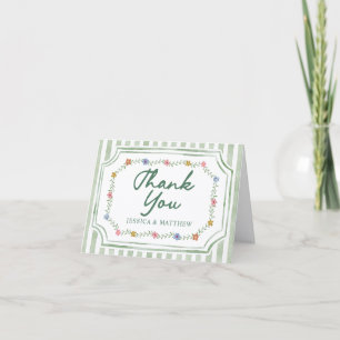 Floral Green Stripes Wedding Thank You Cards