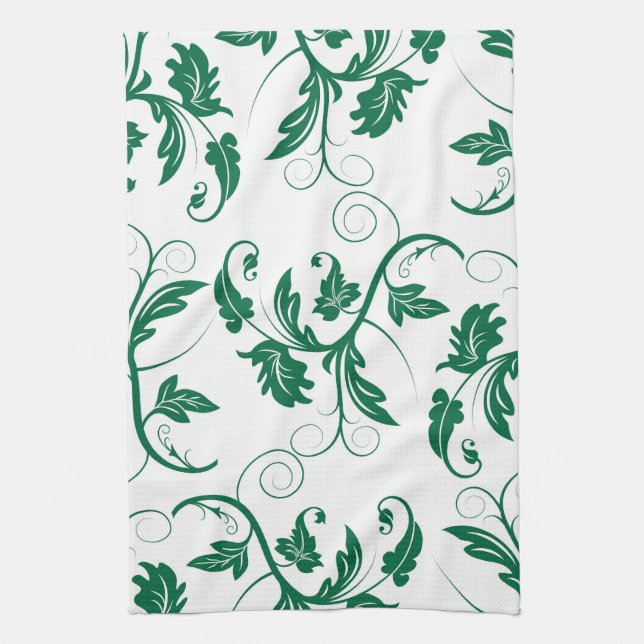 Floral Green Swirl Vine Pattern Tea Towel (Vertical)