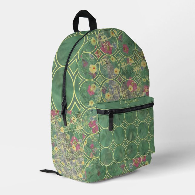 Floral Green Tile  Printed Backpack (Back Corner Left)