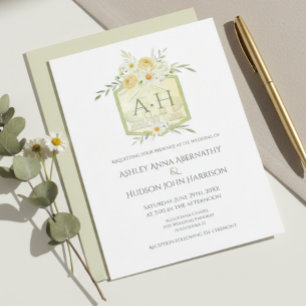 Floral Green Watercolor Monogram Crest Wedding  Invitation